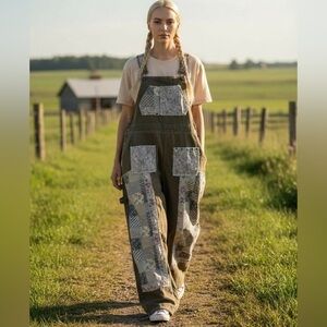 POL mixed patchwork OLIVE overalls | wide legs | raw hem size large NEW
